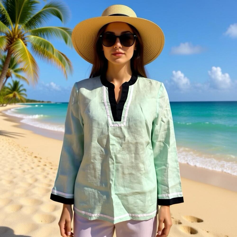 Talbots Top Women SP Linen Tunic Top Aqua Blue Beach Casual Travel Work Preppy